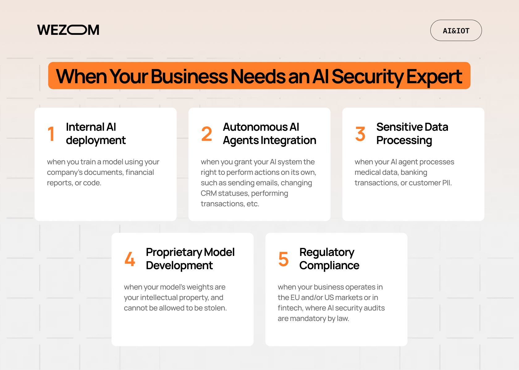 When your business needs an AI security expert for internal AI deployment, autonomous agents, sensitive data processing, and regulatory compliance When your business needs an AI security expert for internal AI deployment, autonomous agents, sensitive data processing, and regulatory compliance